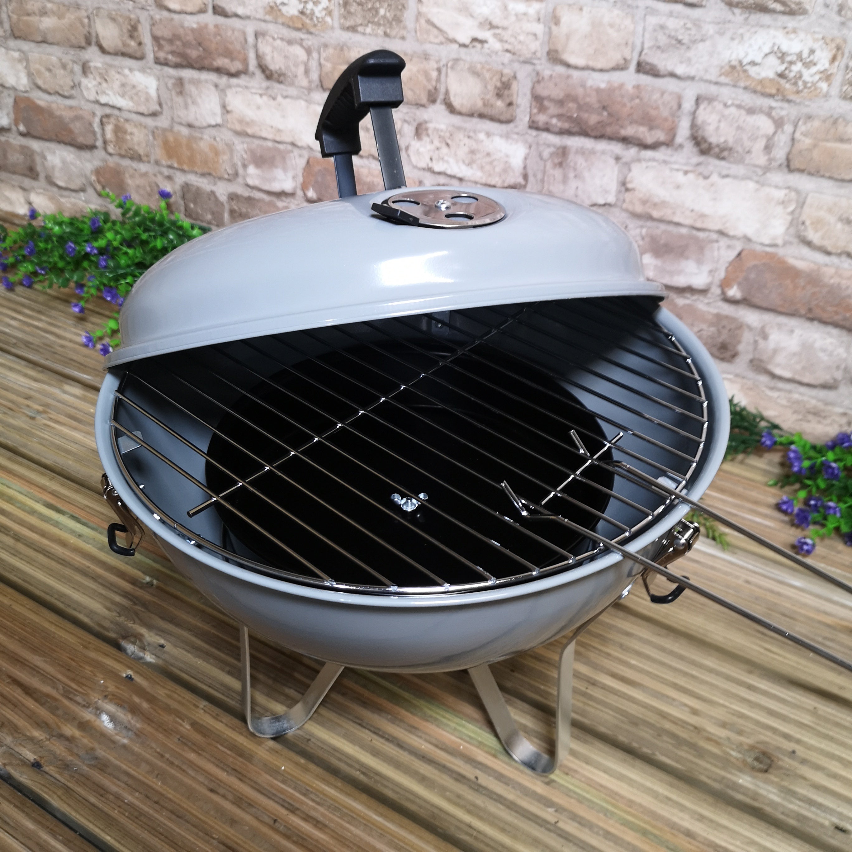 37cm Portable Grey Enamel Vented Kettle BBQ with Lid Ideal for Garden or Camping