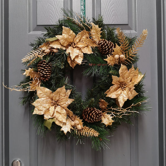 60cm Deluxe Gold Poinsettia Christmas Door Wreath for Indoor / Outdoor