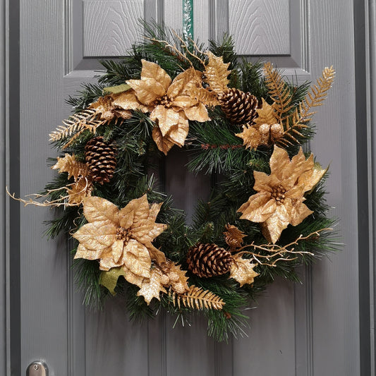 60cm Deluxe Gold Poinsettia Christmas Door Wreath for Indoor / Outdoor 2736