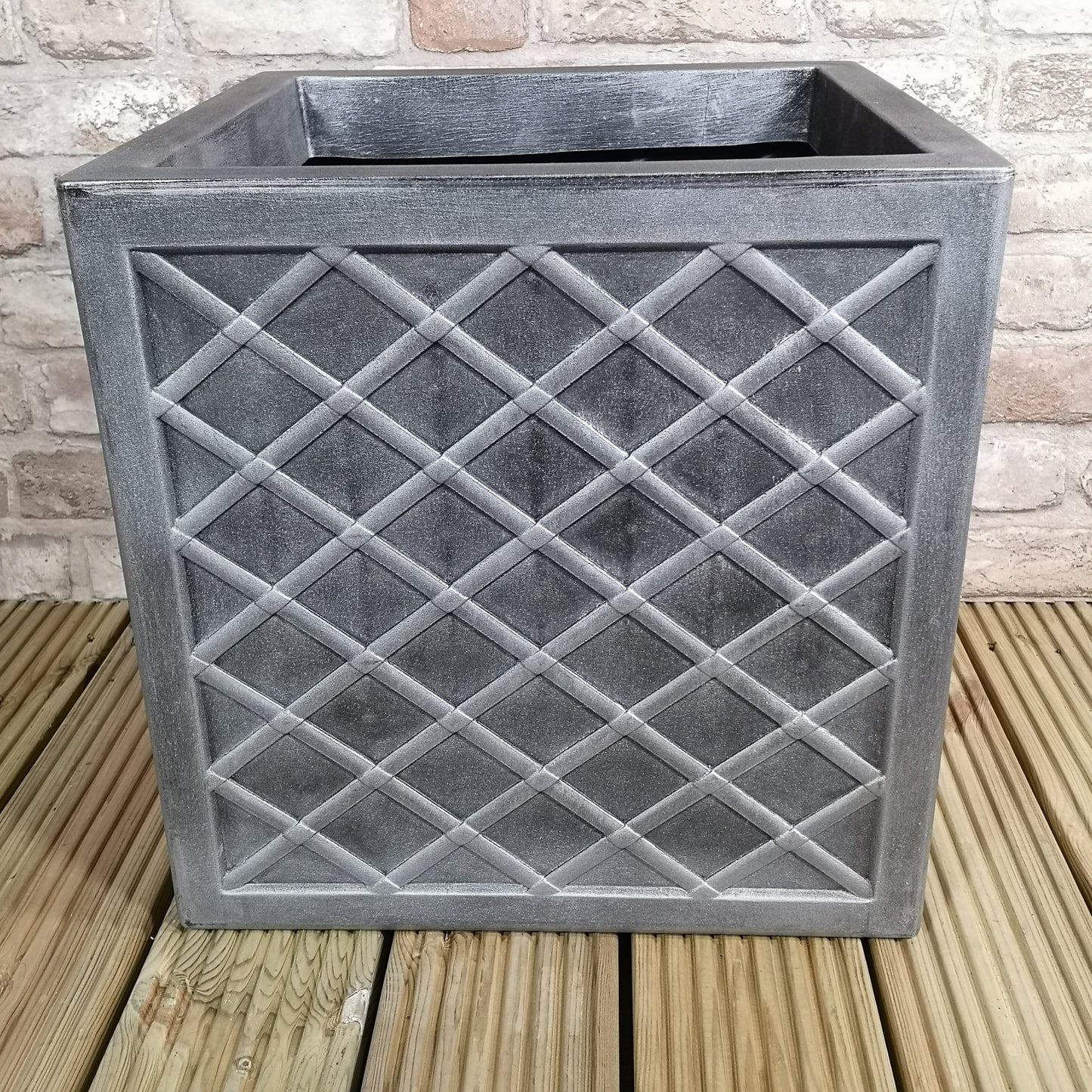 39cm Large Lazio Square Grey Plastic Pewter Effect Garden Planter 