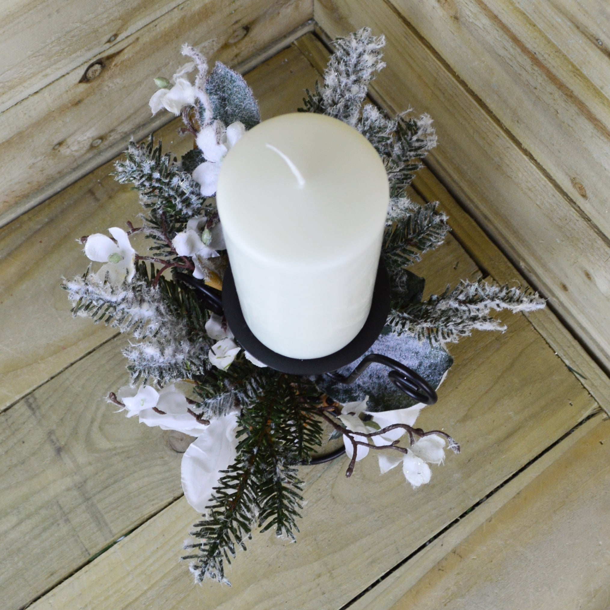 30cm Decorated Candle Holder Centrepiece with Snow Flocked Winter Flowers