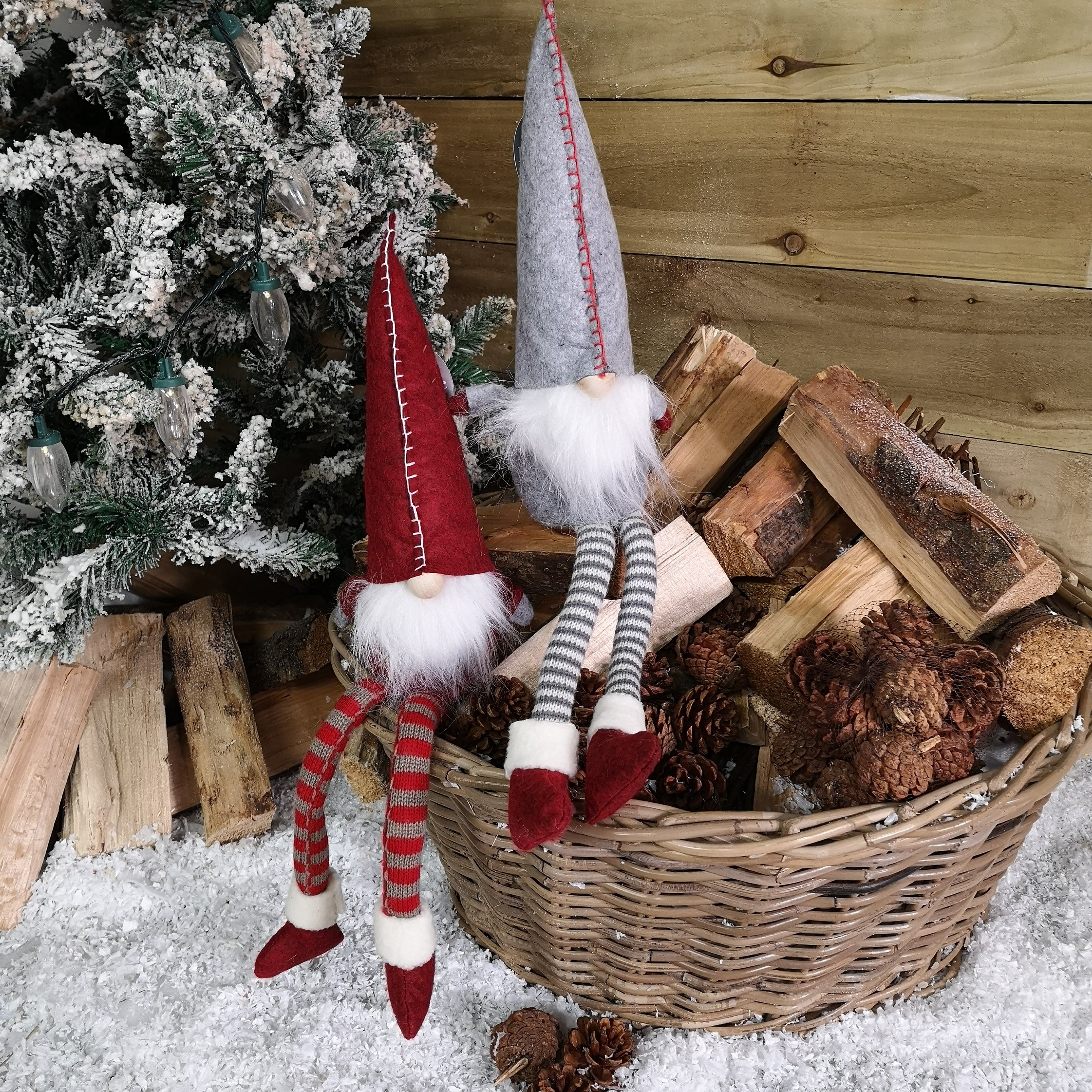 Pair Of 56cm Cuddly Sitting Nordic Gonks Indoor Christmas Decorations in Red	 and Grey