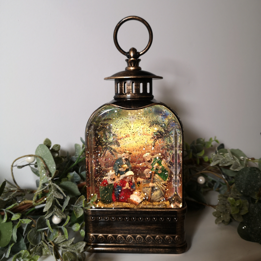 24cm Snowtime Christmas Water Spinner Antique Effect Lantern With Nativity Scene Dual Power 1080
