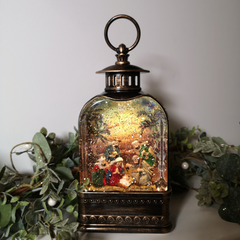24cm Snowtime Christmas Water Spinner Antique Effect Lantern With Nativity Scene Dual Power