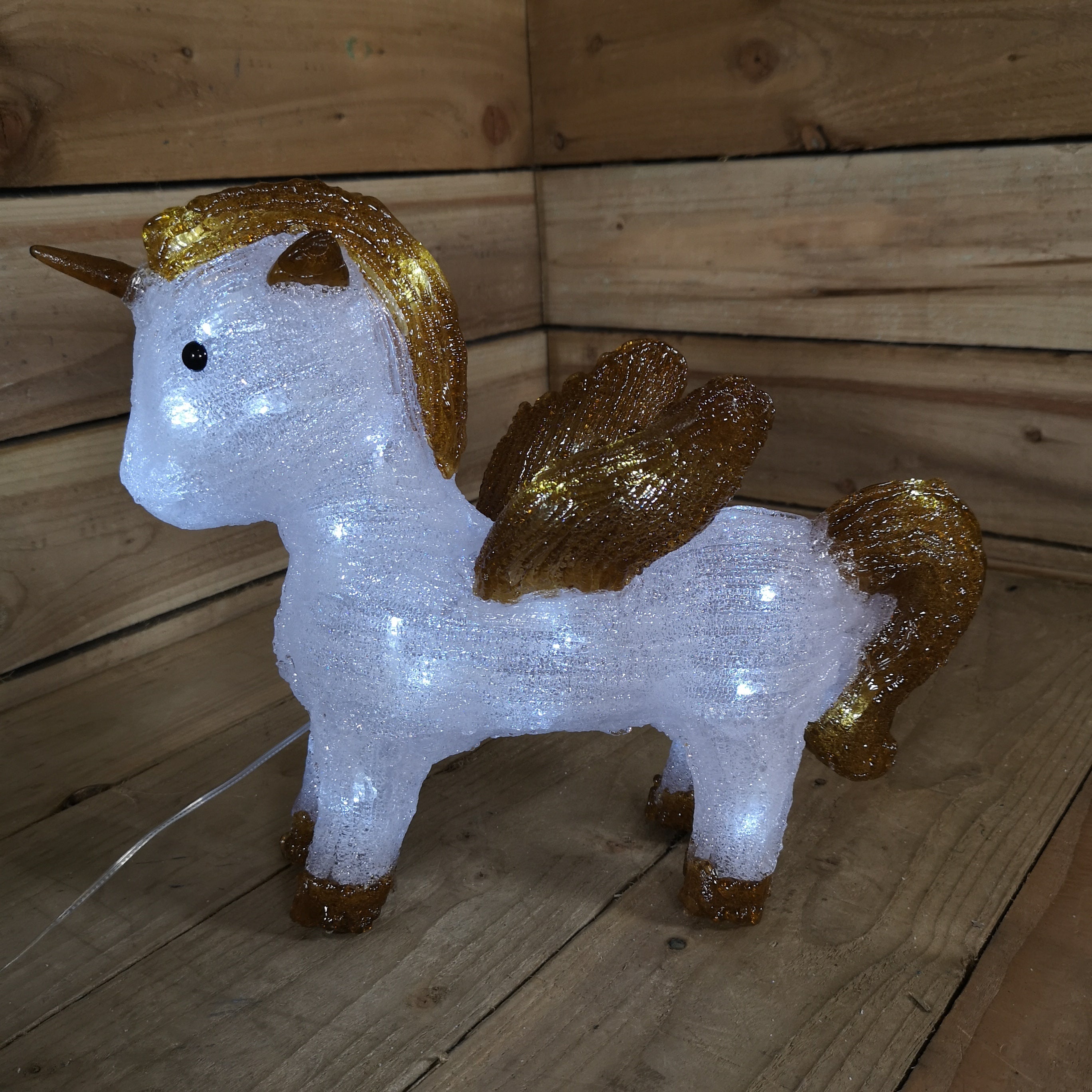 38cm Christmas Cool White LED Standing Acrylic Unicorn with Gold Wings ...