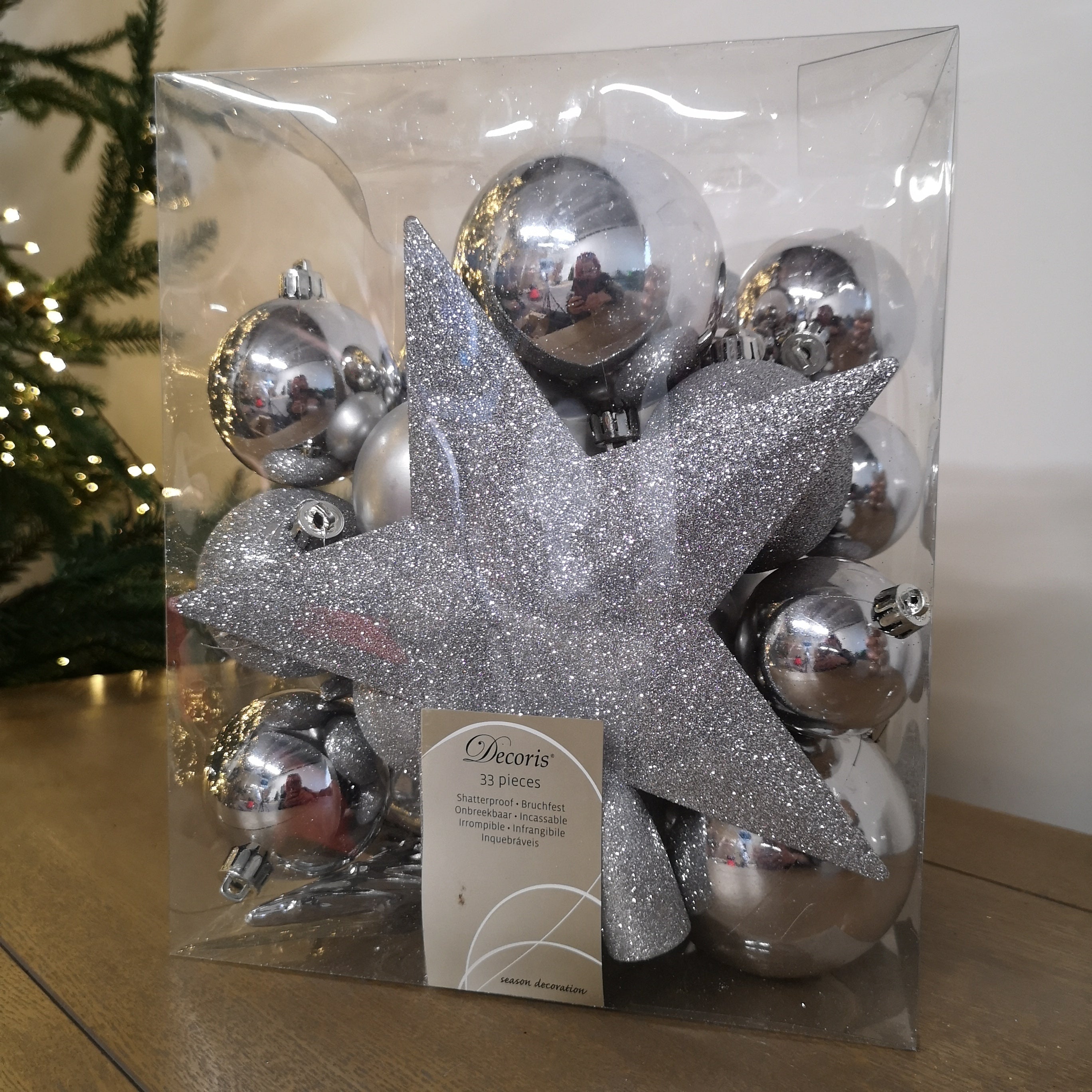 33pcs Assorted Shatterproof Baubles Christmas Decoration with Tree Topper Star in Silver