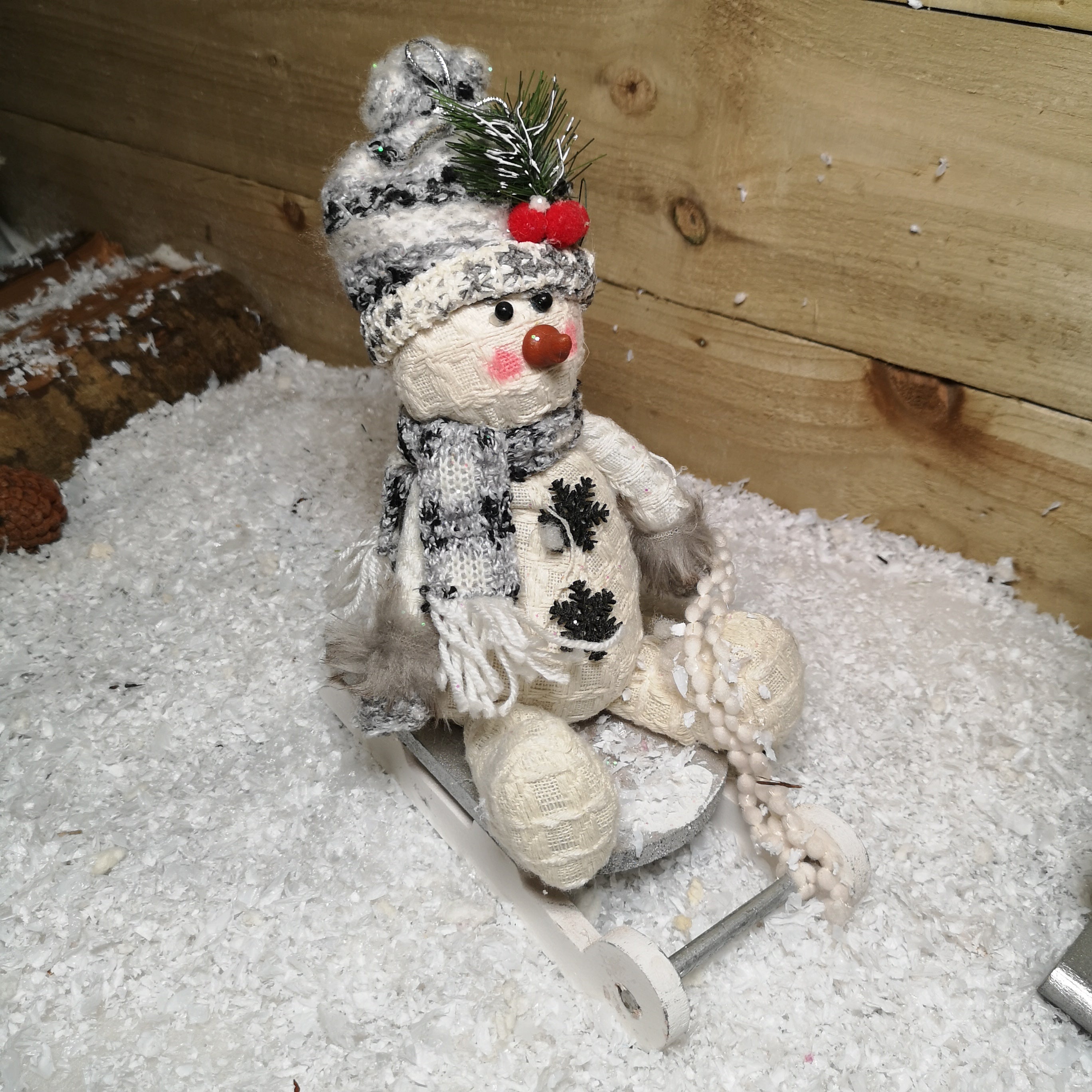 25cm Plush Christmas Snowman on Wooden Sledge Decoration