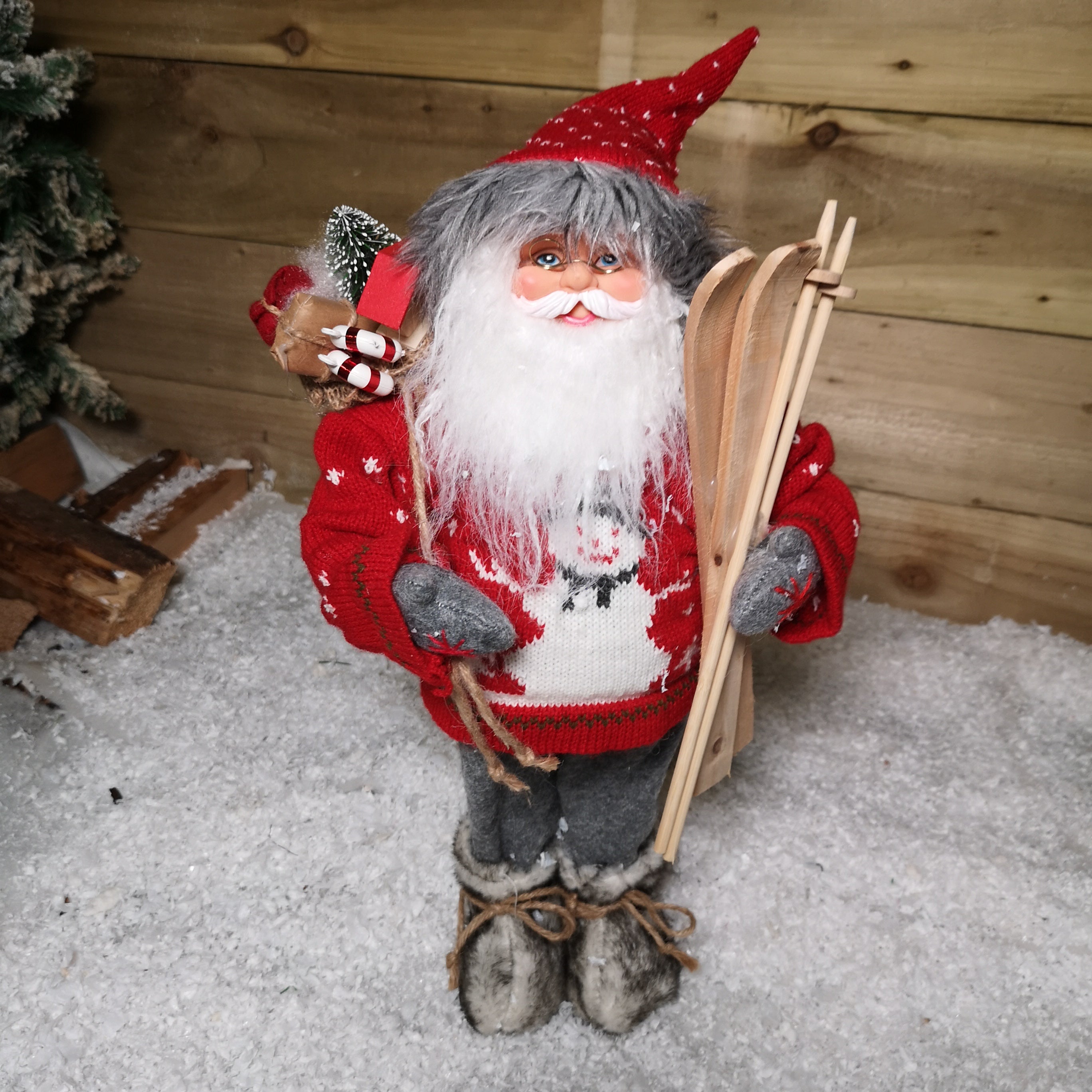 45cm Standing Santa Claus Father Christmas Figurine with Snowman Jumper and Skis