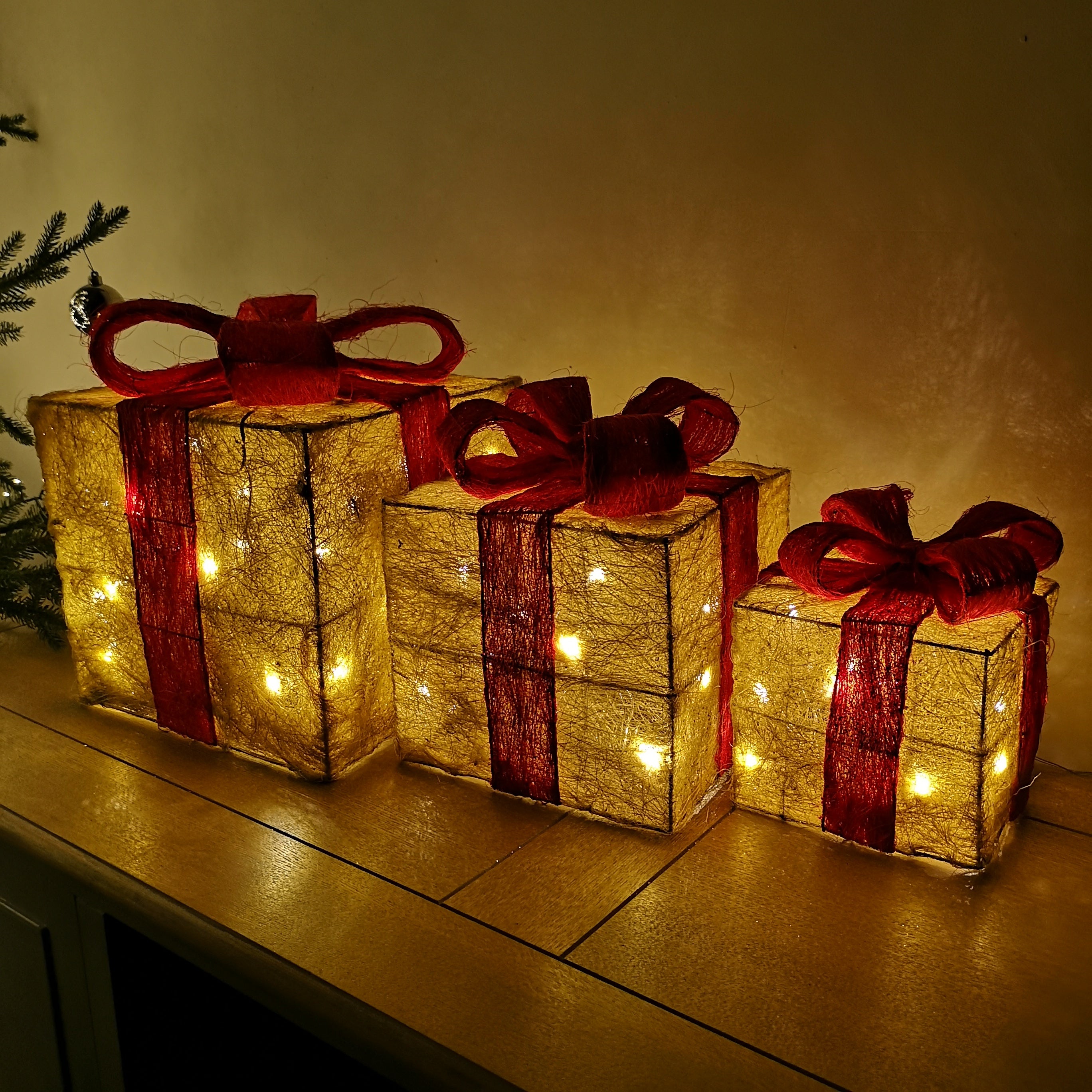 Premier Christmas Set of 3 Glitter Parcels in Gold with Red Bow & LED Lights Mains Operated