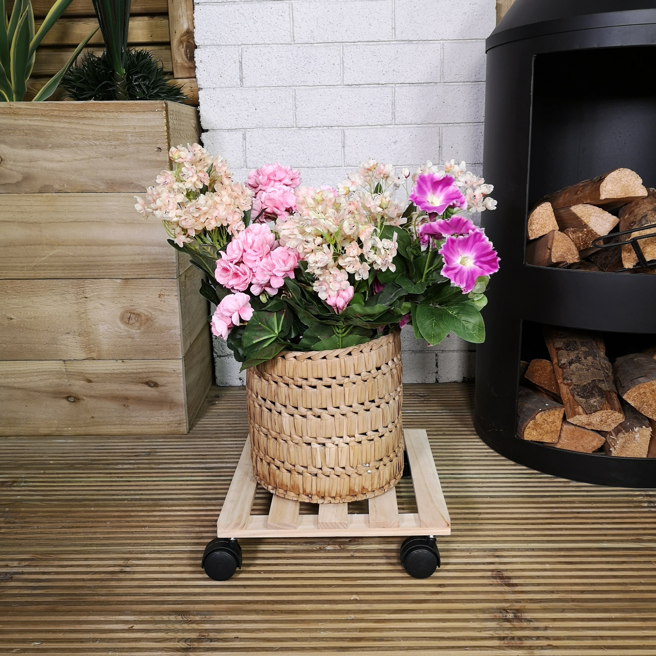 2 Pack of 28cm Square Wooden Garden Plant Pot Flower Trolley Stand On Wheels