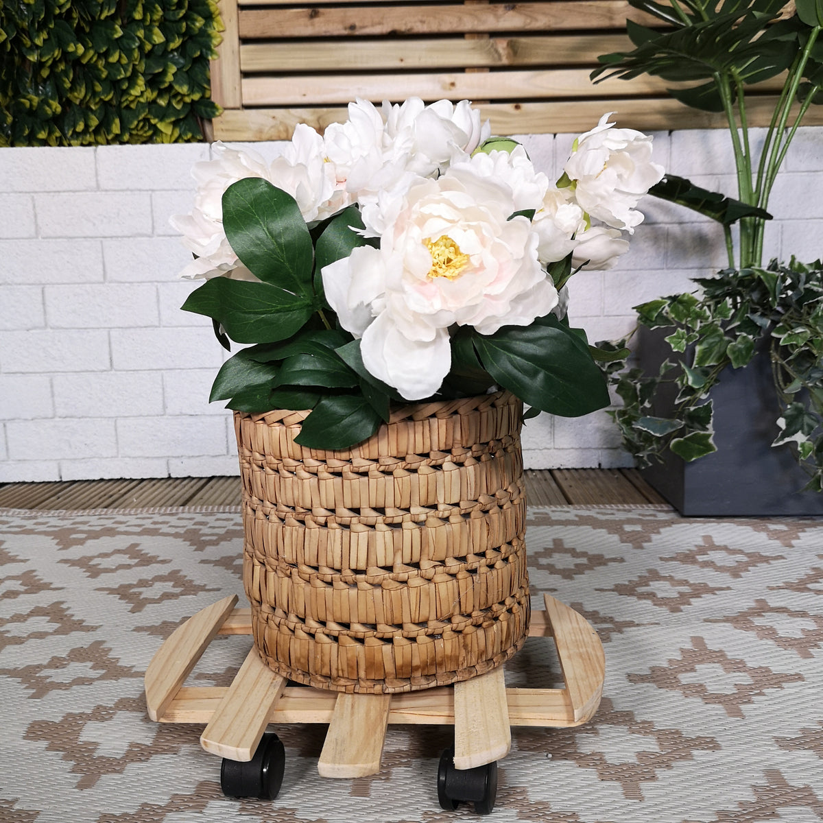 35cm Round Wooden Garden Plant Pot Flower Trolley Stand on Wheels