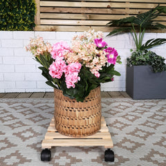 2 Pack of 28cm Square Wooden Garden Plant Pot Flower Trolley Stand On Wheels