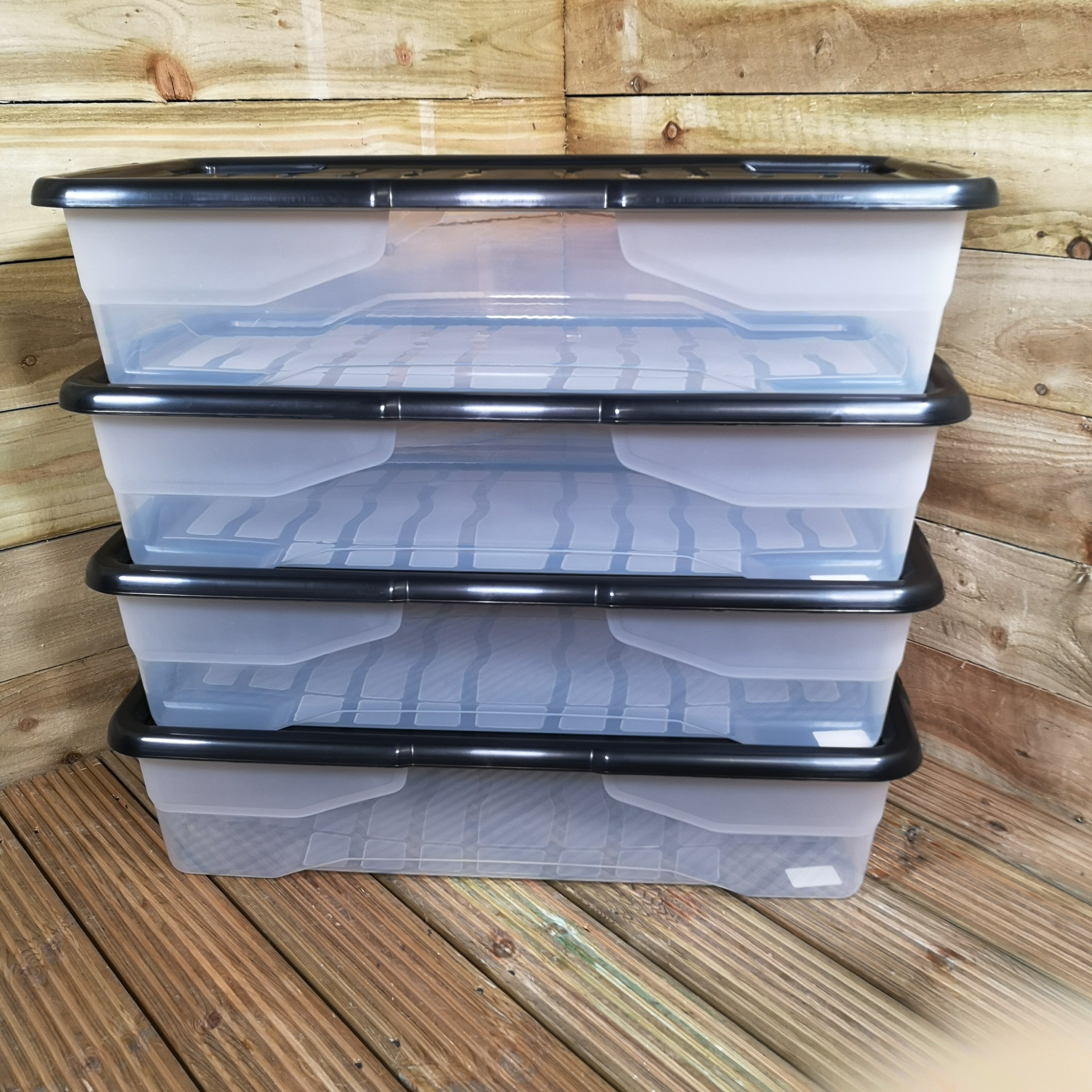 4 x 42L Clear Under Bed Storage Box with Black Lid, Stackable and Nestable Design Storage Solution