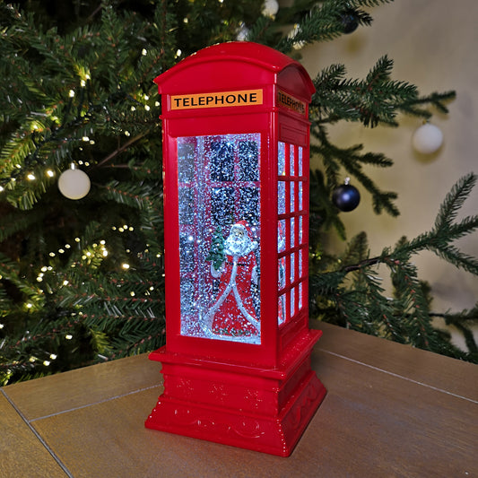 27cm Dual Power Christmas Glitter Water Spinner Red Phone Box Santa Scene 2736