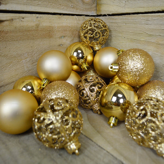 Shatter Proof Christmas Bauble - Box of 16 - 4 Different Designs 6cm Light Gold