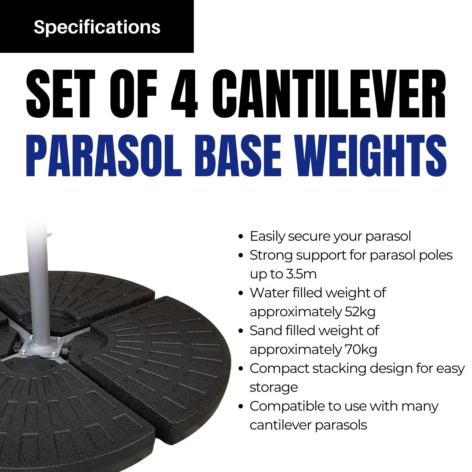 4 Pack 52/70Kg Decorative Round Water / Sand Filled Black Hanging / Banana / Cantilever Garden Patio Decking Parasol Base Weight