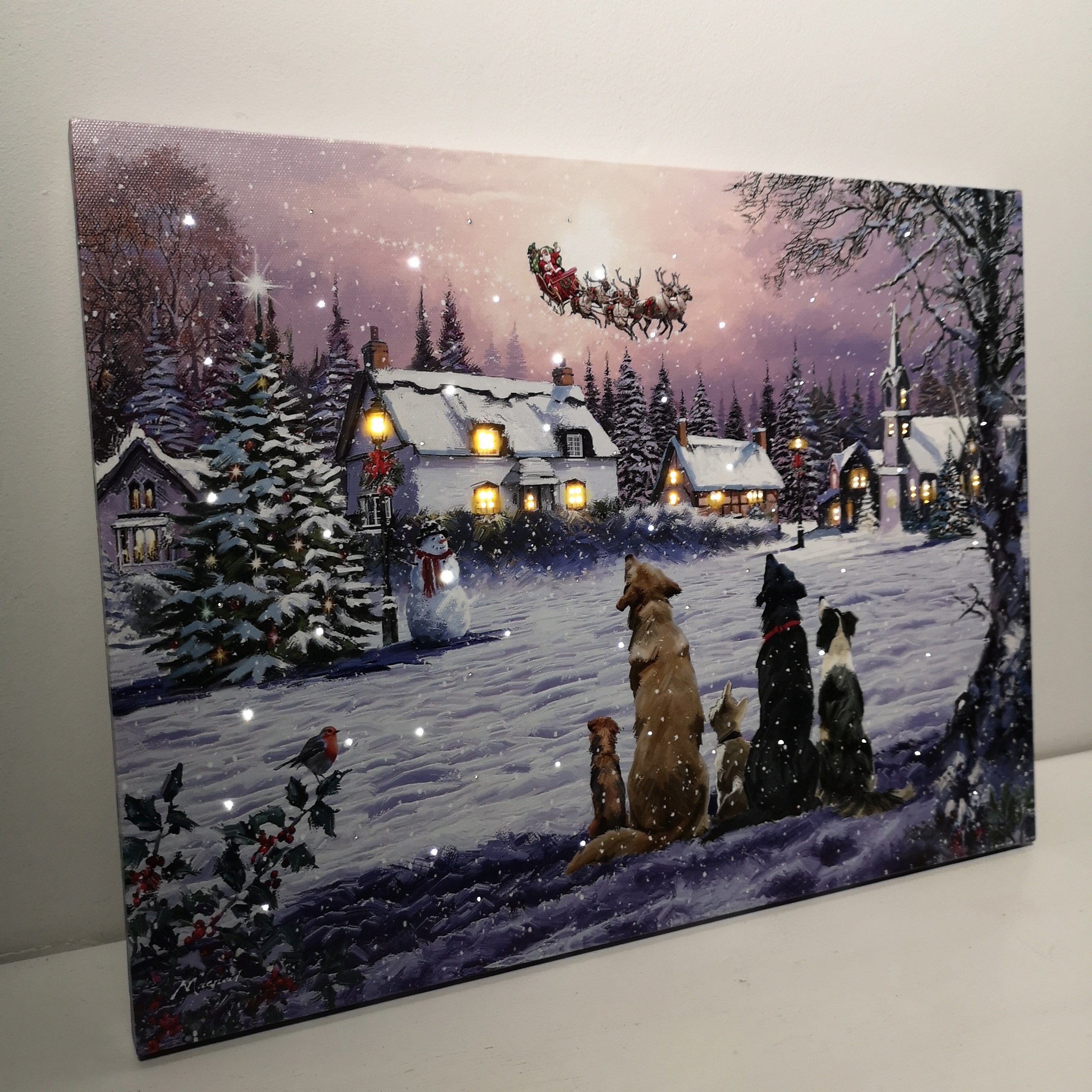 40 x 30cm Tap Activated Fibre Optic Christmas Wall Art Canvas with Dogs Watching Santa Scene