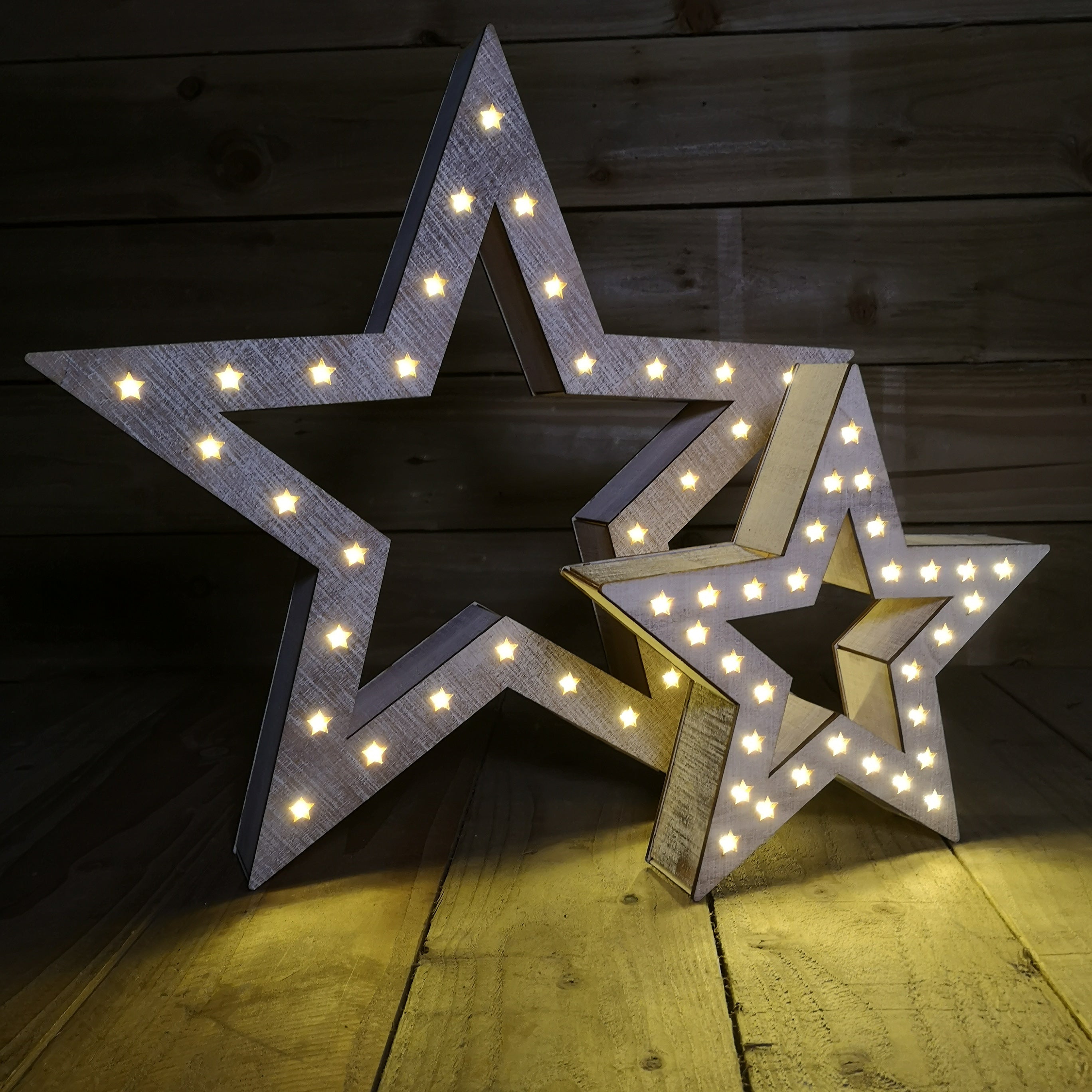 Set of 2 Wooden Battery Operated Stars Christmas Decoration with 60 Warm White LEDs