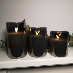 Set of 3 Warm White Battery Operated Christmas Wax Candles with Timer in Grey