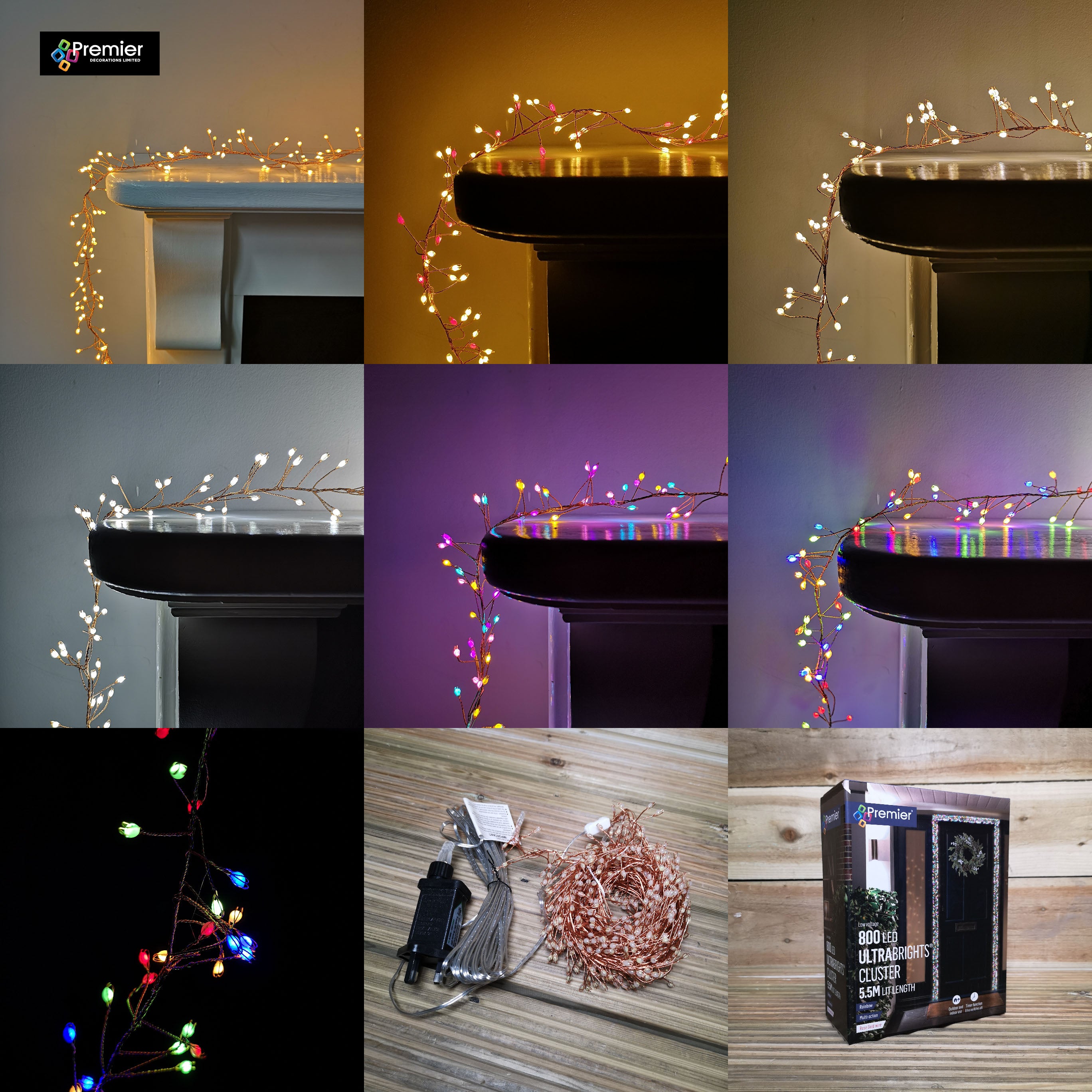 Premier Indoor Outdoor Multi Function Christmas Cluster Lights with Timer on Rose Gold Pin Wire in Choice of Size & Colour